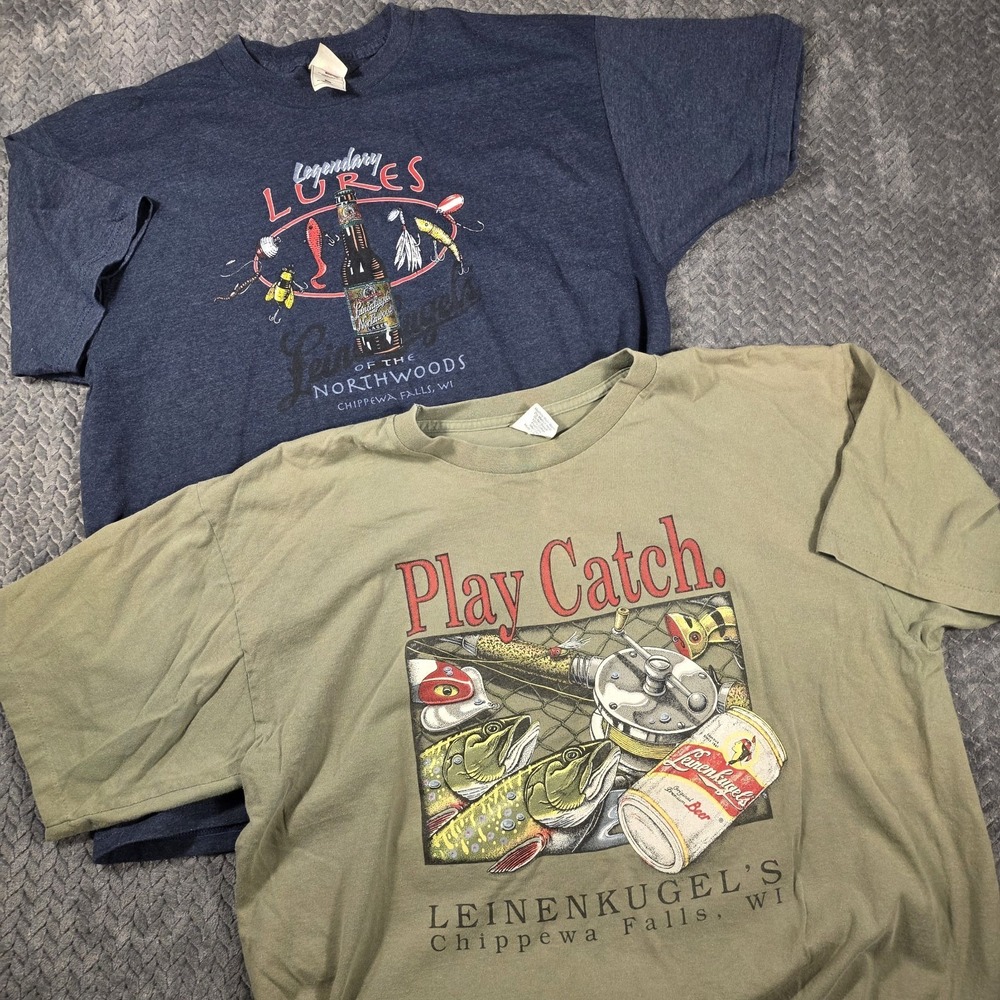 Vintage 90s Leinenkugels Fishing T-Shirt Lot of 2 Men's XL Made in USA Outdoors